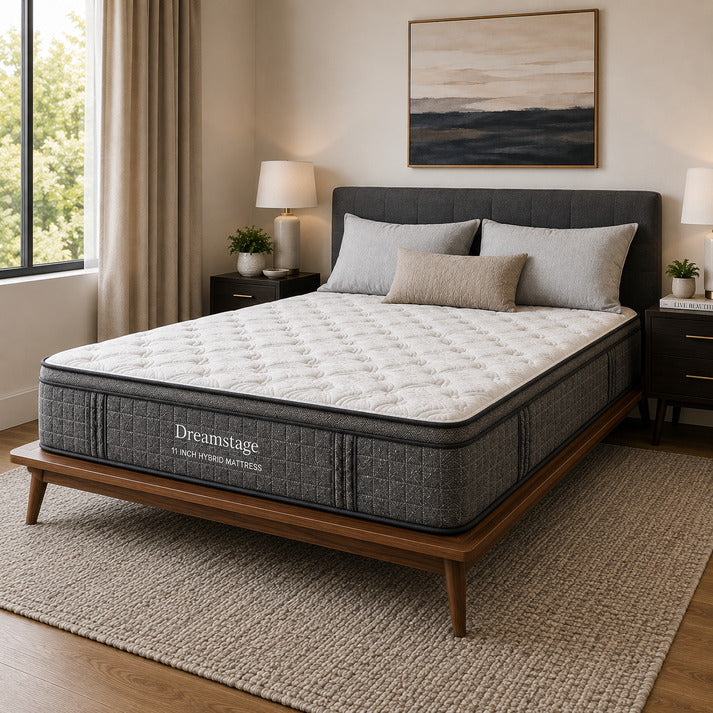 Doms Dreamstage 11 Inch Euro Top Hybrid Mattress Corner View In Bedroom