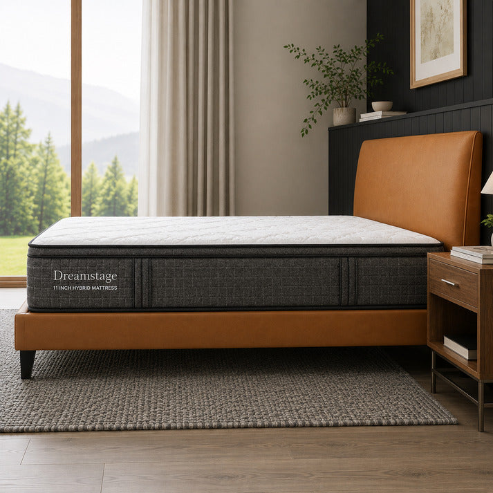 Doms Dreamstage 11 Inch Euro Top Hybrid Mattress Side View In Bedroom